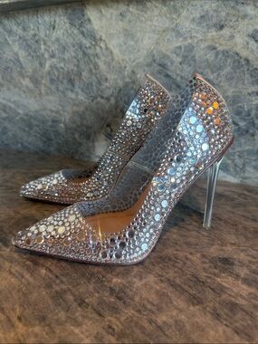 Azalea Wang- Crystal-Embellished Pointed Stiletto Heels in Silver